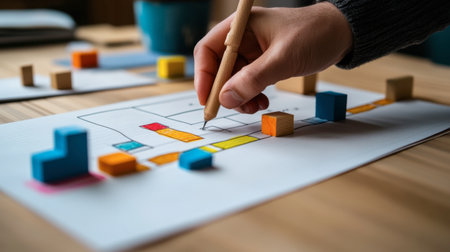 A hand holds a pencil as it sketches a colorful layout with wooden blocks on the table, representing creativity and planning in a workspace.の素材