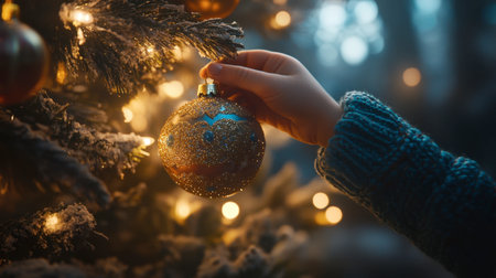 A warm and festive scene of a hand hanging a golden ornament on a Christmas tree, illuminated by soft lights, evoking feelings of joy and celebration.の素材