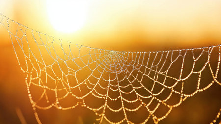 A beautiful closeup of a dewy spider web glistening in the warm golden light of a sunrise, showcasing natureの素材