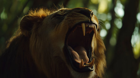 A stunning close-up of a lion roaring in its natural habitat, capturing the raw power and beauty of this majestic creature amidst lush greenery.の素材