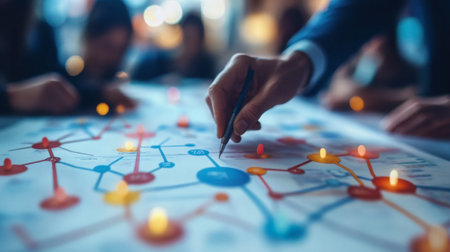 A close-up view of a hand drawing on a strategic map during a collaborative meeting. The vibrant colors and connections represent innovative thinking and teamwork.の素材