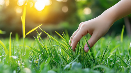 A closeup of a hand gently touching fresh green grass under warm sunlight. This image captures the beauty of nature, serenity, and connection to the earth.の素材