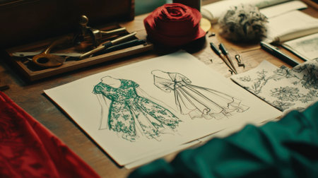 A vibrant workspace showcasing fashion sketches and colorful fabrics. This image captures the creative process of designing stylish garments on a wooden table.の素材