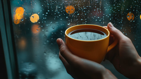 A person holds a yellow coffee mug by a rainy window, creating a cozy atmosphere. The scene captures warmth and tranquility against a backdrop of droplets and soft lights.の素材