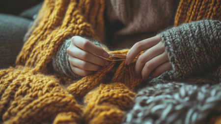 A close-up of hands working on a knitting project, surrounded by soft yarn and warm textures. Perfect for showcasing coziness and creativity.の素材