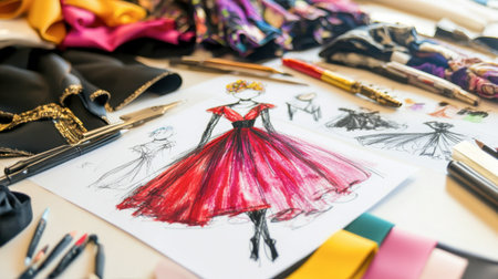 A vibrant fashion illustration showcasing a red dress design surrounded by colorful fabrics and design tools, ideal for fashion-themed projects.の素材