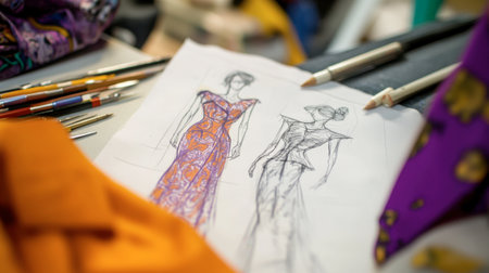 Close-up of fashion sketches revealing vibrant dress designs and tools on a creative workspace, showcasing the artistry and inspiration behind fashion design.の素材