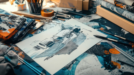 A vibrant artistic workspace featuring a detailed sketch on the table, surrounded by various creative tools and colorful fabrics, fostering inspiration.の素材