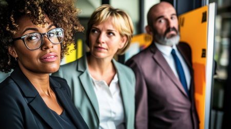 A diverse group of professionals stands together in a modern office environment, showcasing teamwork and collaboration. Their confident expressions reflect a strong bond.の素材
