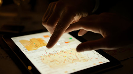 A close-up view of hands interacting with a digital tablet displaying financial charts and data analytics. Ideal for business and technology themes.の素材