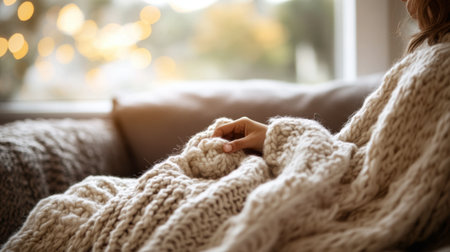A serene scene of a woman enjoying a cozy moment wrapped in a soft knit sweater while relaxing by a sunlit window, surrounded by a tranquil atmosphere.の素材