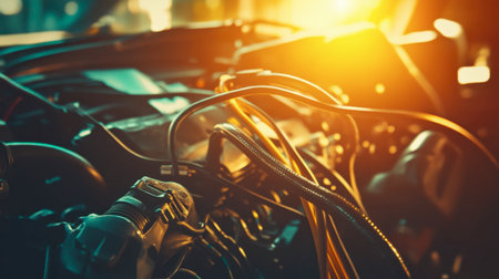 A captivating close-up of a car engine showcasing intricate details and warm lighting. Ideal for automotive, technology, and mechanical themes.の素材