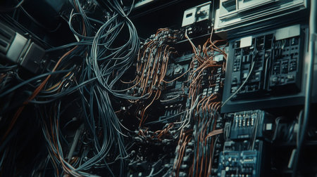 A detailed view of an intricate circuit board filled with tangled wires and electronic components, illustrating the complexity of modern technology and engineering.の素材