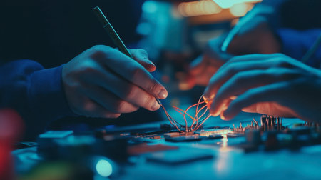 Close-up view of hands working on electronics assembly. The scene showcases intricate soldering and manipulation of wires, emphasizing craftsmanship and precision in a creative workshop environment.の素材