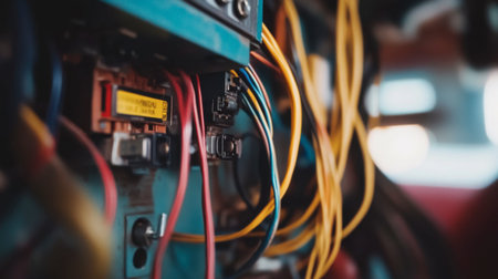 Close-up view of colorful electrical wires connected to a circuit board, highlighting the intricate details of technology and industrial design.の素材