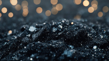 A mesmerizing closeup of a dark, glittering surface with soft bokeh lights in the background, evoking a sense of elegance and mystery. Perfect for artistic projects.の素材