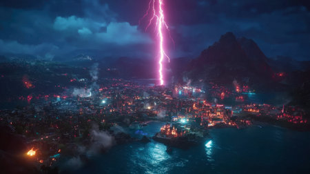 A stunning night scene featuring a dramatic lightning strike illuminating a dark fantasy cityscape, surrounded by mountains and ocean waves.の素材