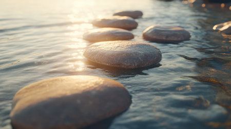Smooth stones create a serene pathway in shallow water under a warm sunset. The gentle light reflects on the surface, enhancing the tranquil atmosphere.の素材