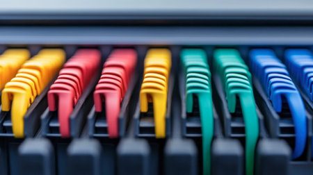 A closeup of colorful clips arranged in a modern setup, showcasing vibrant colors that enhance organization in an office or creative workspace.の素材