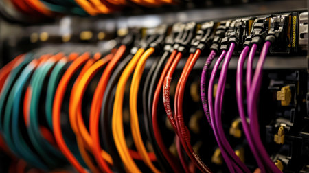 Vibrant network cables arranged in a server rack showcase modern technology and organization. Ideal for projects related to digital infrastructure and communication systems.の素材