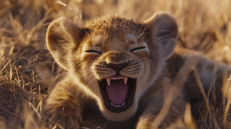 A cheerful lion cub yawns widely, displaying its tiny teeth in a playful gesture. The scene captures the essence of wildlife in a warm, sunlit savanna.の素材