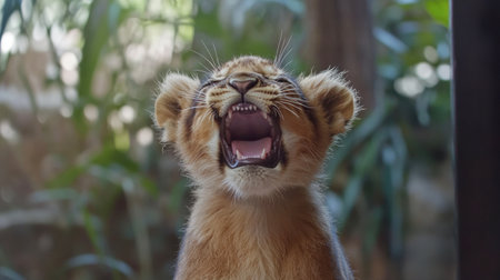 A young lion cub lets out a roar, showcasing its fierce expression and playful nature, surrounded by lush greens in its natural habitat.の素材