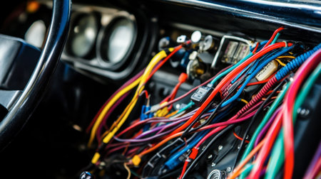A vibrant close-up of colorful wires and cables in a vintage car dashboard, showcasing intricate details of automotive technology and craftsmanship.の素材