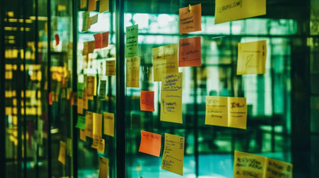 A vibrant collection of colorful sticky notes attached to a glass wall in a modern office space, symbolizing creativity and collaboration in a dynamic work environment.の素材