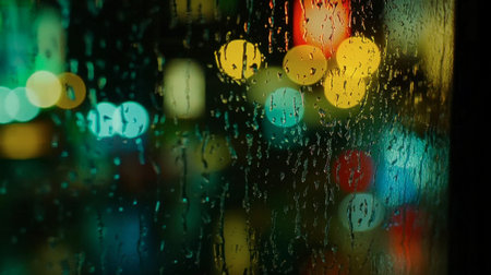 A mesmerizing view of raindrops on a window showcasing vibrant city lights in the background. The blurred colors create a tranquil ambiance perfect for artistic projects.の素材