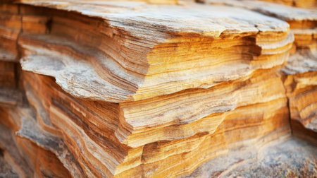 Close-up view of textured layers in a rustic rock formation showcasing earthy tones of brown and orange, highlighting the natural beauty of geological structures.の素材