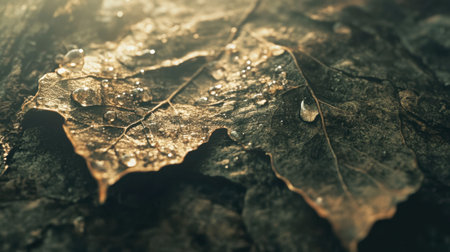A close-up view of brown leaves adorned with droplets, captured in soft natural light. The image evokes a sense of tranquility and connection to nature.の素材