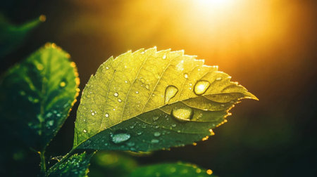 A close-up of a vibrant green leaf adorned with glistening droplets of water, illuminated by warm sunlight, capturing the essence of nature's beauty.の素材