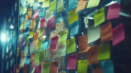 A vibrant display of sticky notes in various colors on a glass wall, showcasing brainstorming ideas and collaborative planning in an office environment.の素材