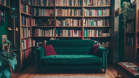 A cozy green sofa surrounded by a rich collection of books on wooden shelves creates a warm and inviting atmosphere perfect for reading and relaxation.の素材