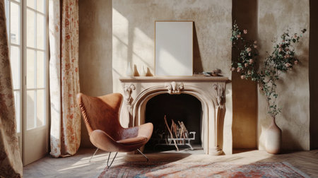 This warm and inviting living room showcases an elegant fireplace, a stylish armchair, and beautiful floral decoration, perfect for a cozy atmosphere.の素材