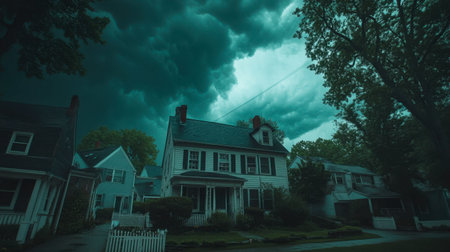 A charming house stands under dark storm clouds, creating an ominous atmosphere. The scene captures a moment of tension in a residential neighborhood.の素材