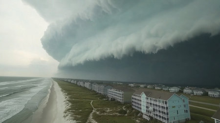 A dramatic scene of storm clouds gathering over coastal homes, showcasing the power of nature. The dark clouds loom ominously over the beach and ocean, creating a breathtaking view.の素材