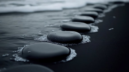 A serene image of smooth black stones along a dark beach, gently kissed by white waves. This minimalist scene captures tranquility and balance in nature.の素材
