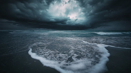 A dramatic scene of dark stormy waves crashing on a beach, under an ominous sky filled with gray clouds, capturing the beauty and intensity of nature's elements.の素材