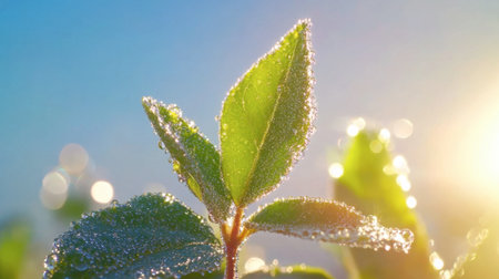 Captivating close-up of dewy leaves glistening in morning sunlight, showcasing nature's beauty and freshness. A perfect representation of vitality and growth.の素材