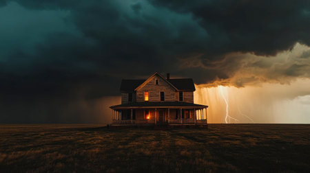 A vintage wooden house stands isolated under a stormy sky, illuminated by a warm glow. A dramatic lightning strike highlights the intense atmosphere of the scene.の素材