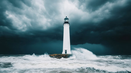 A powerful stormy scene featuring a lighthouse standing tall against dark clouds and crashing waves, symbolizing guidance and resilience in turbulent waters.の素材