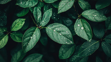 Fresh green leaves adorned with sparkling water drops create a serene and vibrant nature scene. Perfect for themes of freshness and natural beauty.の素材