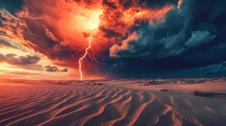 A breathtaking desert scene captures a dramatic storm with vibrant lightning illuminating the skies, creating a stunning play of light over the sand dunes.の素材