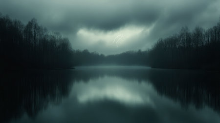 A dramatic scene of a stormy sky over a calm lake, featuring dark clouds and flashes of lightning, creating a moody and atmospheric landscape.の素材