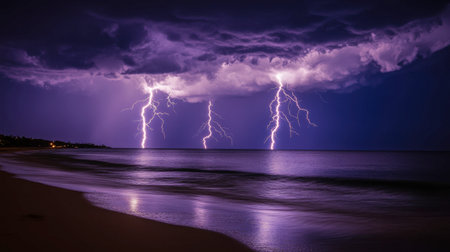 A striking scene featuring multiple lightning bolts illuminating the night sky above a serene ocean. The tranquil waters reflect the dramatic light, creating an atmospheric and breathtaking image.の素材