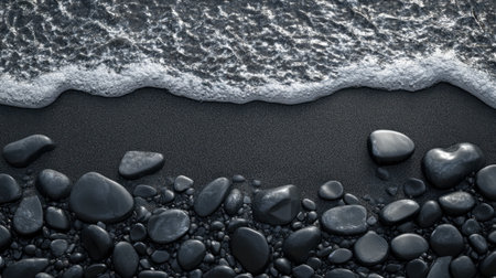 A tranquil beach scene featuring smooth pebbles along the shoreline, where gentle waves meet the dark sand. Perfect for relaxation and nature themes.の素材