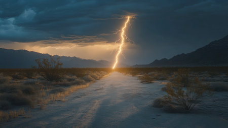A breathtaking view of lightning striking an open desert landscape at dusk. The dramatic sky and rugged terrain create an awe-inspiring natural scene.の素材