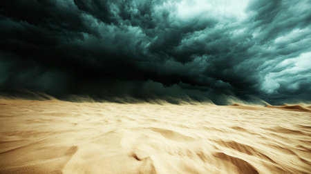 A captivating view of dark storm clouds looming over a vast desert landscape, creating a striking contrast with the sandy terrain and dramatic sky.の素材