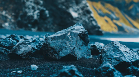 A closeup view of natural rocky formations on a volcanic beach, showcasing unique textures and colors against a dark sand backdrop. Perfect for nature themes.の素材